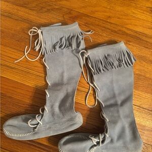 Minnetonka Light Blue Lace Up Tall Suede Boots
